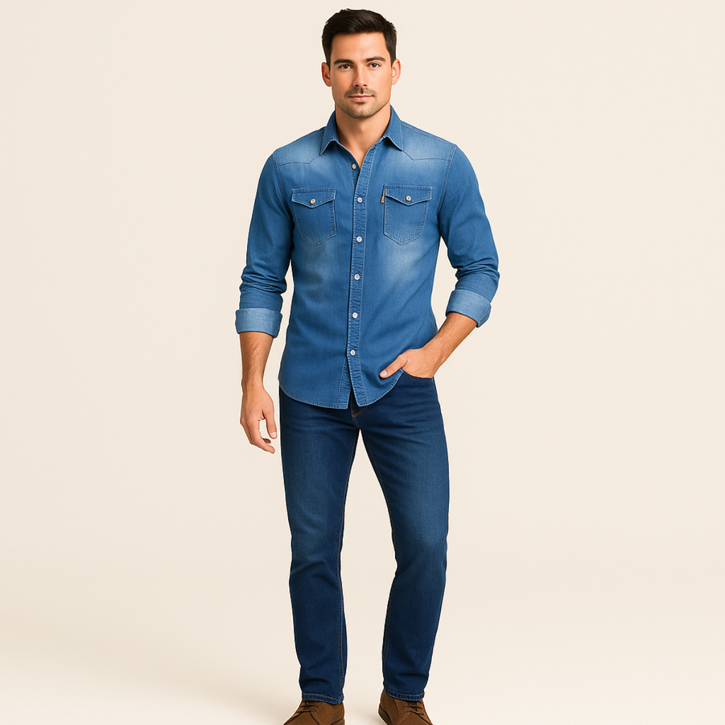 Men's Modern Denim Shirt with Button-Up Front and Chest Pockets