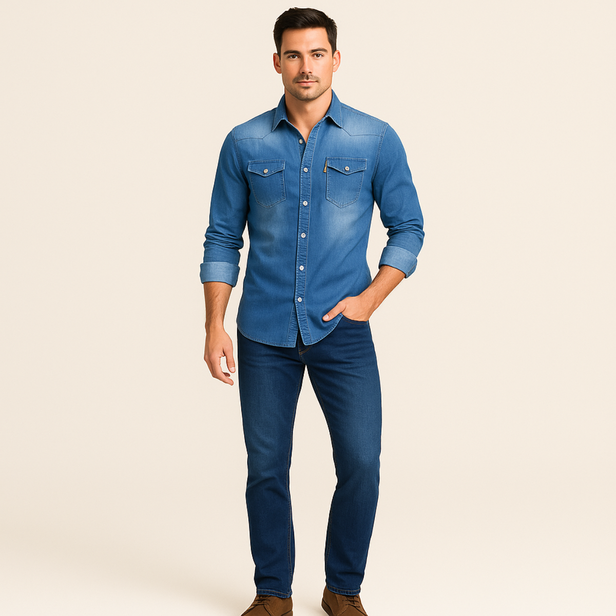 Men's Modern Denim Shirt with Button-Up Front and Chest Pockets