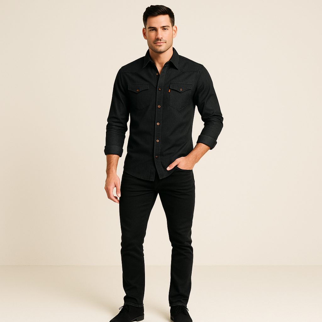 Men's Modern Denim Shirt with Button-Up Front and Chest Pockets
