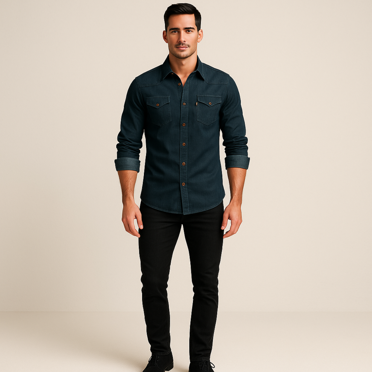 Men's Modern Denim Shirt with Button-Up Front and Chest Pockets