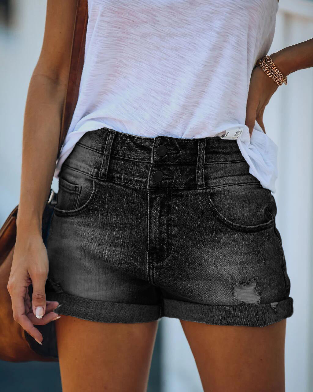 Women's High-Waisted Denim Shorts with Cuffed Hem