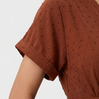Women's Dotted Chiffon Wrap Midi Dress with V-Neck and Cuffed Sleeves
