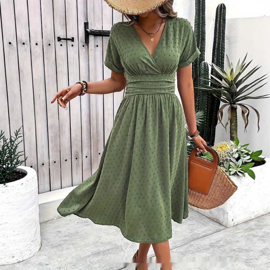 Women's Dotted Chiffon Wrap Midi Dress with V-Neck and Cuffed Sleeves