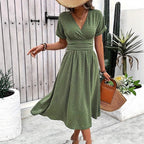 Women's Dotted Chiffon Wrap Midi Dress with V-Neck and Cuffed Sleeves