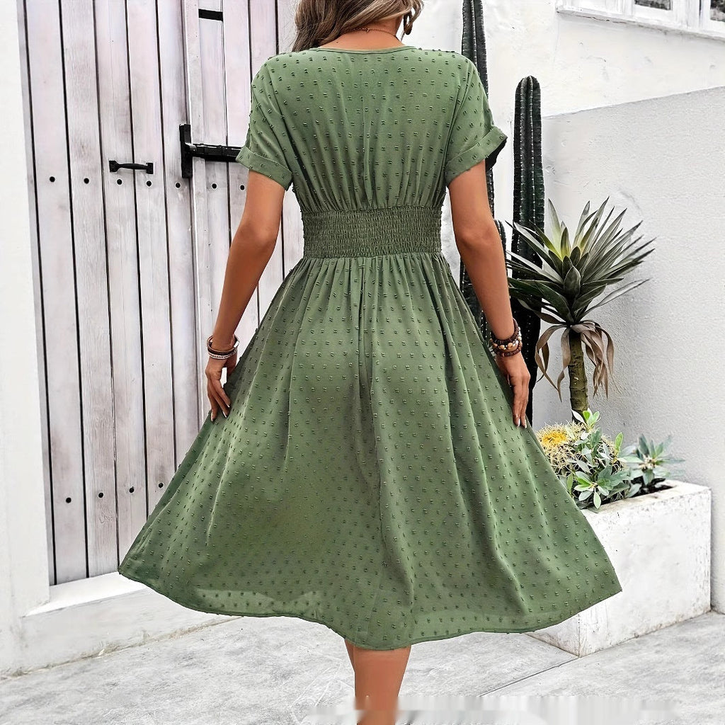 Women's Dotted Chiffon Wrap Midi Dress with V-Neck and Cuffed Sleeves