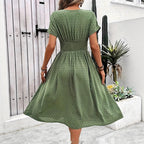 Women's Dotted Chiffon Wrap Midi Dress with V-Neck and Cuffed Sleeves