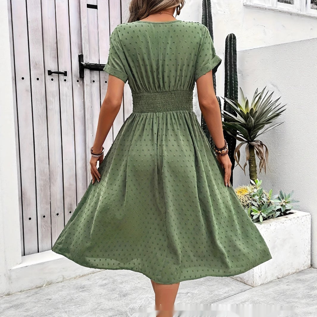 Women's Dotted Chiffon Wrap Midi Dress with V-Neck and Cuffed Sleeves