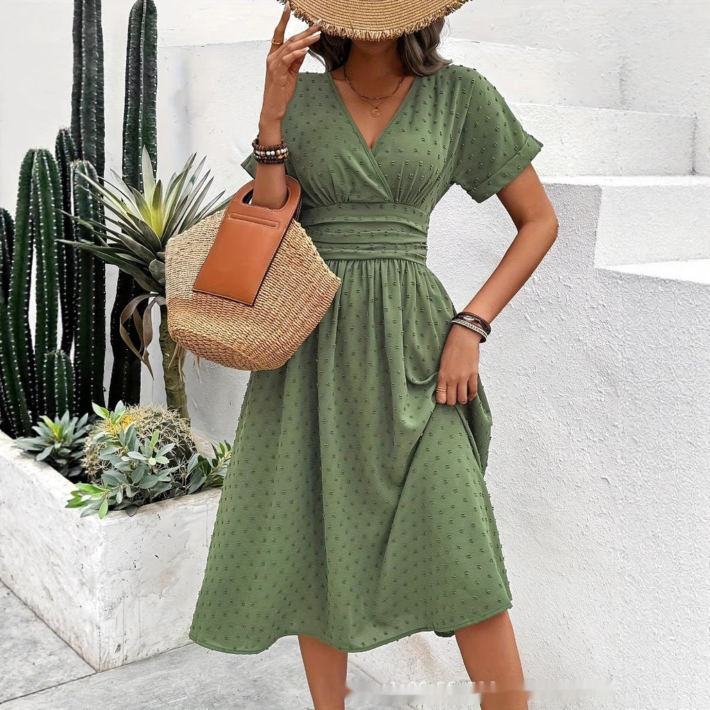 Women's Dotted Chiffon Wrap Midi Dress with V-Neck and Cuffed Sleeves