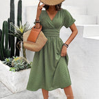 Women's Dotted Chiffon Wrap Midi Dress with V-Neck and Cuffed Sleeves