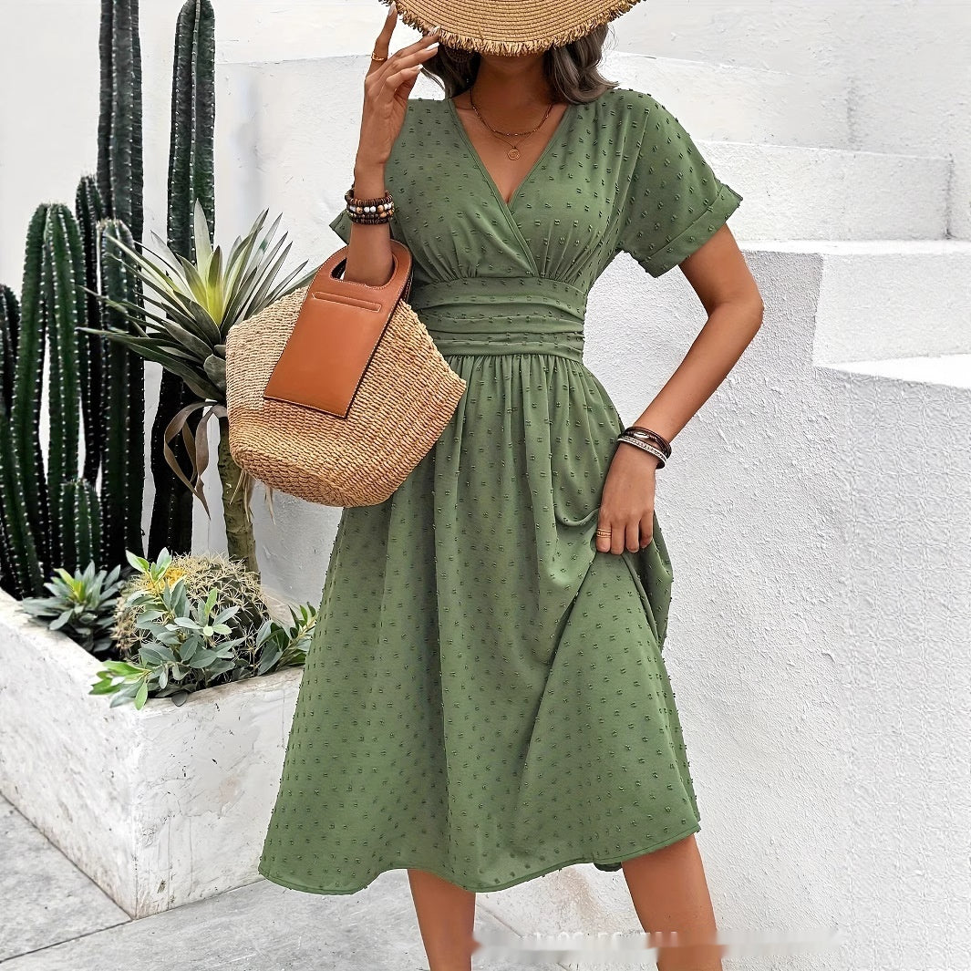 Women's Dotted Chiffon Wrap Midi Dress with V-Neck and Cuffed Sleeves