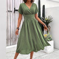 Women's Dotted Chiffon Wrap Midi Dress with V-Neck and Cuffed Sleeves