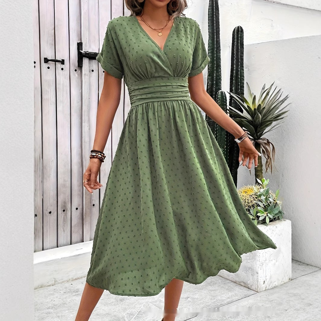 Women's Dotted Chiffon Wrap Midi Dress with V-Neck and Cuffed Sleeves