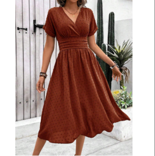 Women's Dotted Chiffon Wrap Midi Dress with V-Neck and Cuffed Sleeves