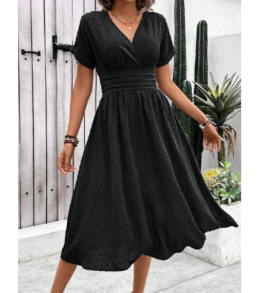 Women's Dotted Chiffon Wrap Midi Dress with V-Neck and Cuffed Sleeves