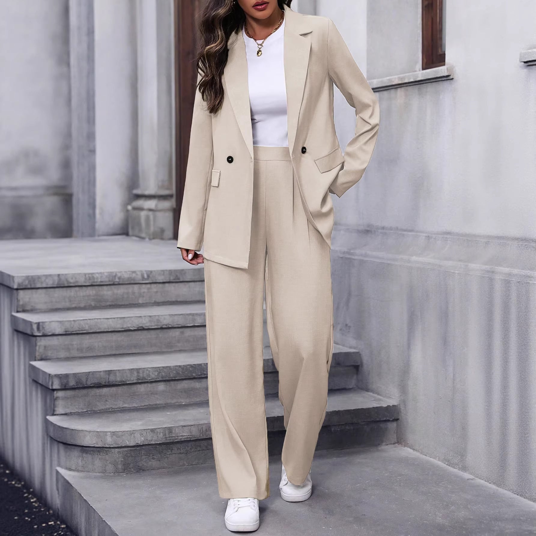 Women's Double-Breasted Suit Set with Wide-Leg Trousers