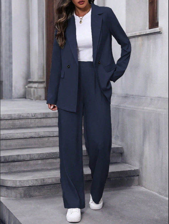 Women's Double-Breasted Suit Set with Wide-Leg Trousers