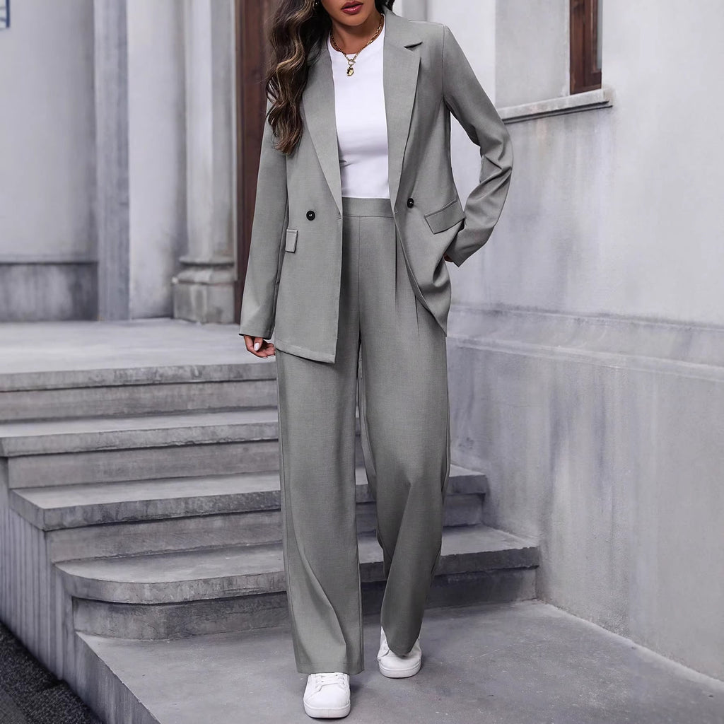 Women's Double-Breasted Suit Set with Wide-Leg Trousers