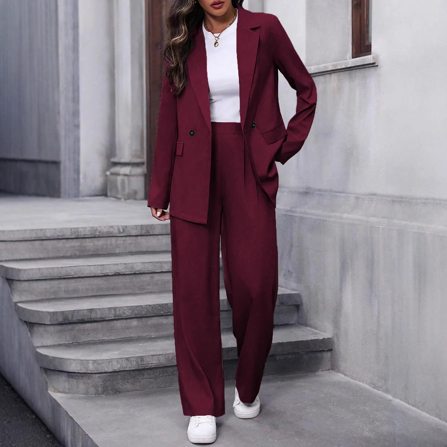 Women's Double-Breasted Suit Set with Wide-Leg Trousers