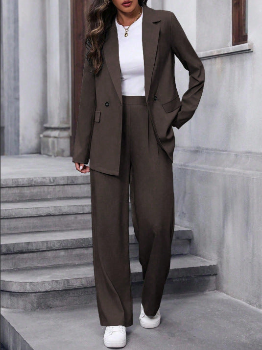 Women's Double-Breasted Suit Set with Wide-Leg Trousers