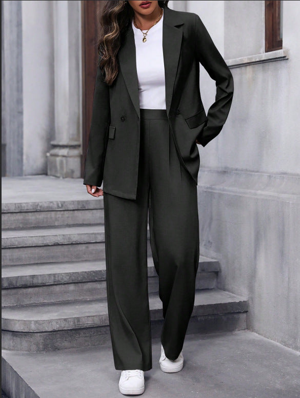 Women's Double-Breasted Suit Set with Wide-Leg Trousers