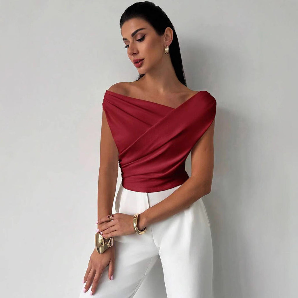 Women's Draped Fitted Top with One-Shoulder Neckline