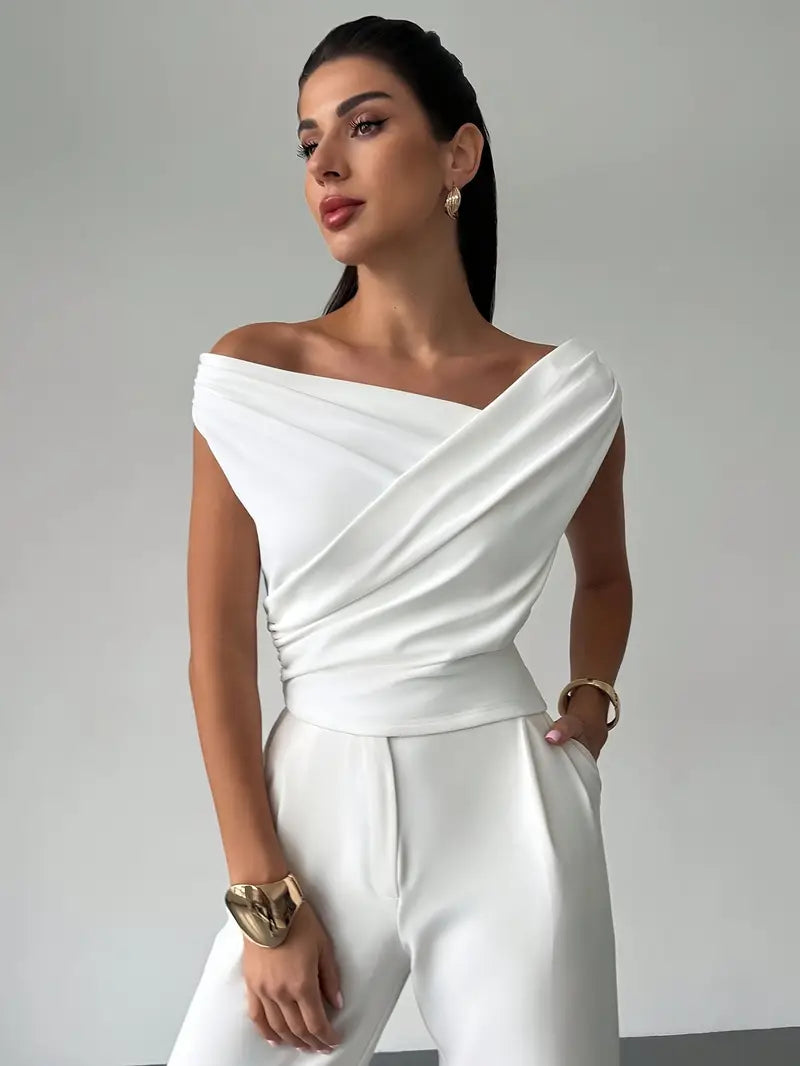 Women's Draped Fitted Top with One-Shoulder Neckline