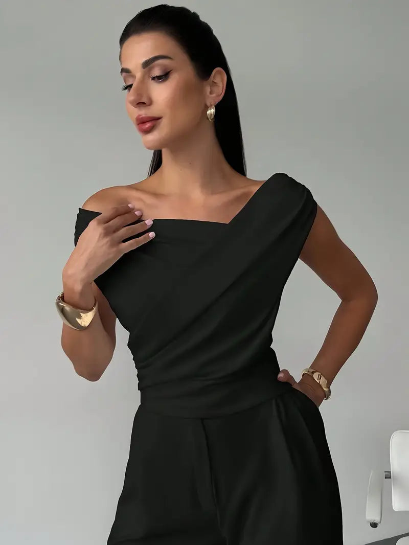 Women's Draped Fitted Top with One-Shoulder Neckline