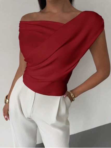 Women's Draped Fitted Top with One-Shoulder Neckline