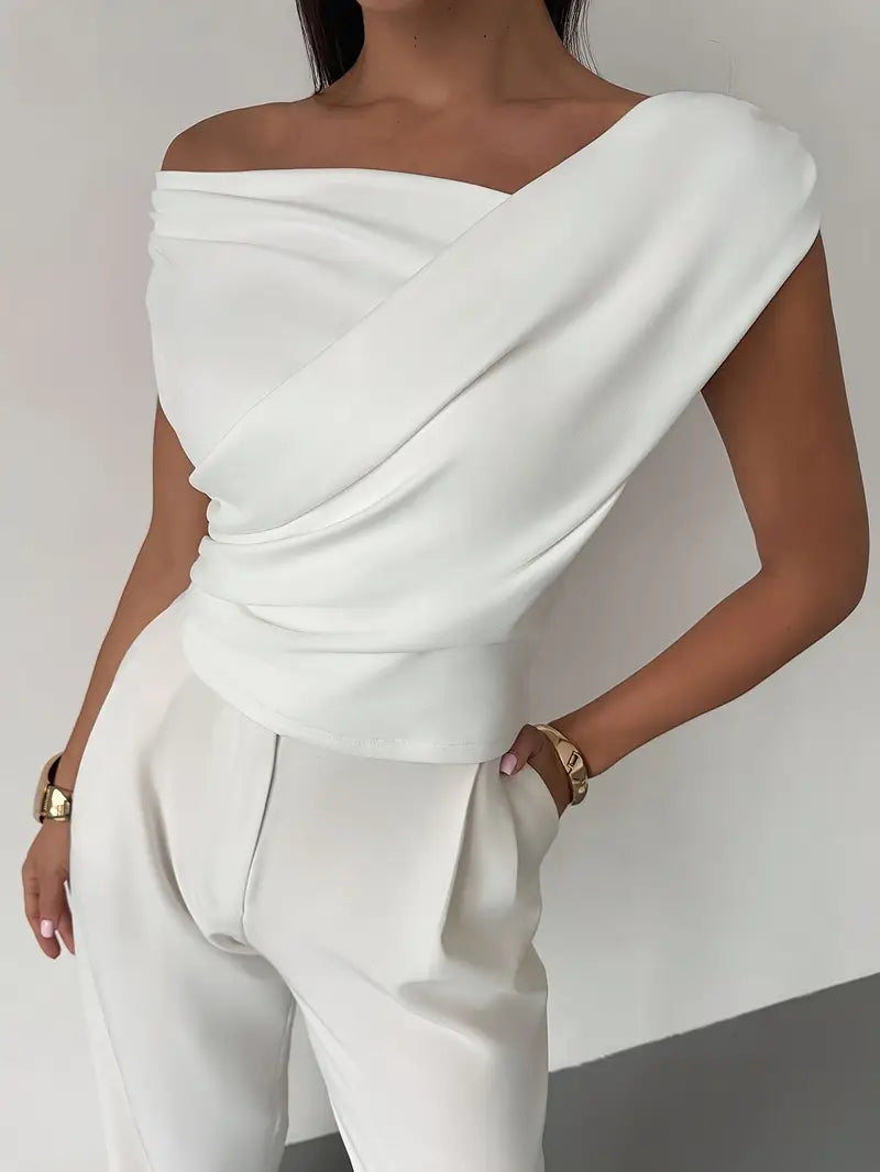 Women's Draped Fitted Top with One-Shoulder Neckline