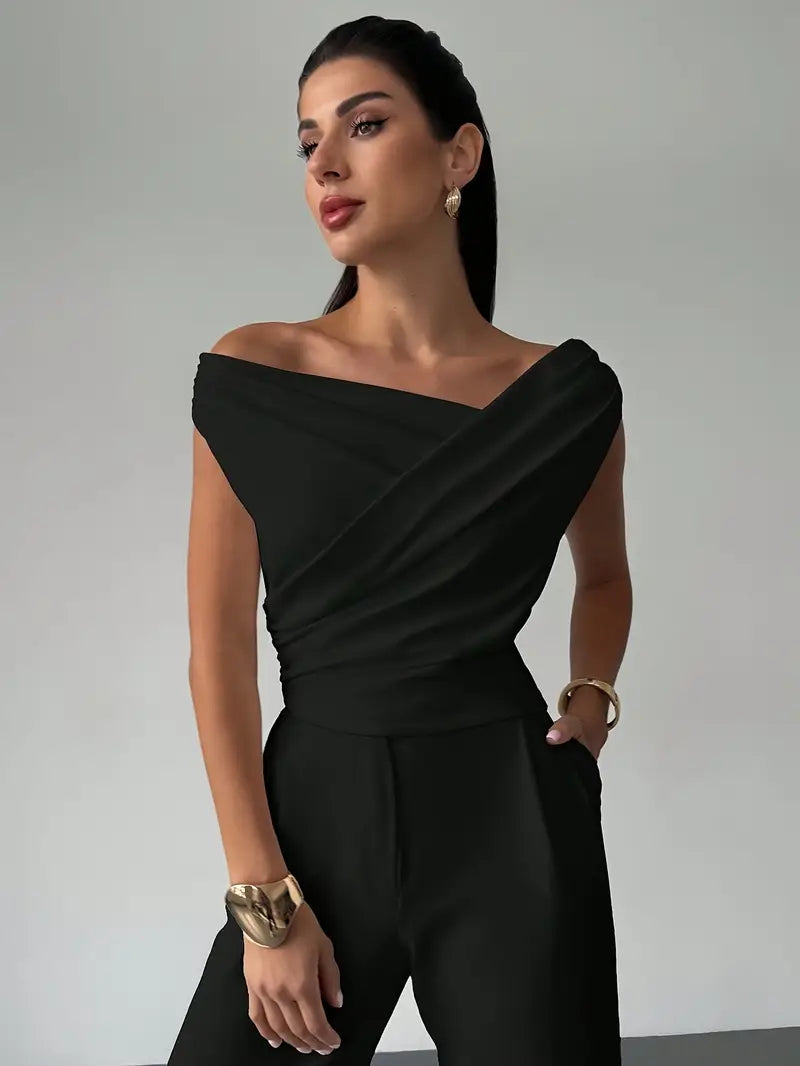 Women's Draped Fitted Top with One-Shoulder Neckline