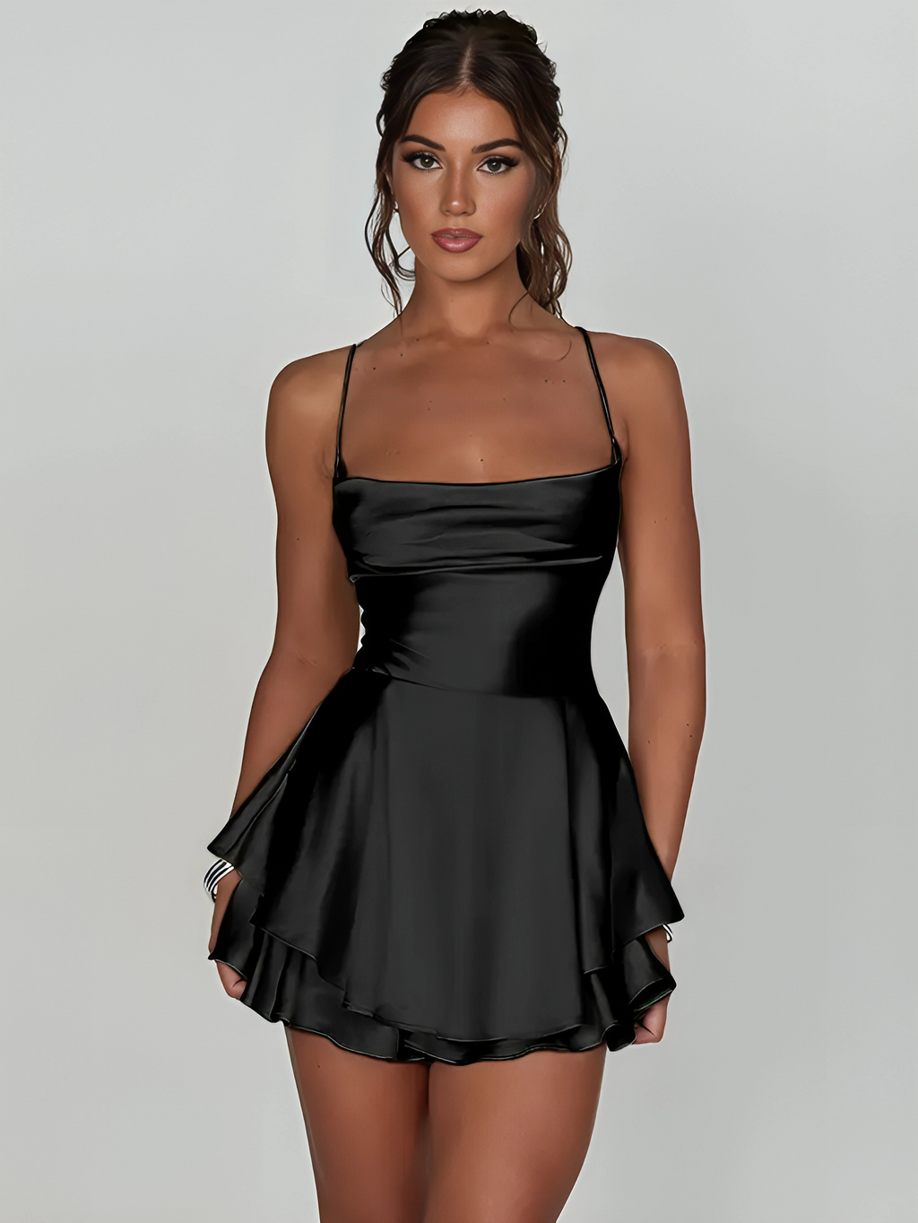 Black Satin Lace Up Mini Dress