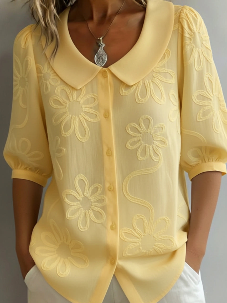 Women's Floral Embroidered Blouse with Pointed Collar