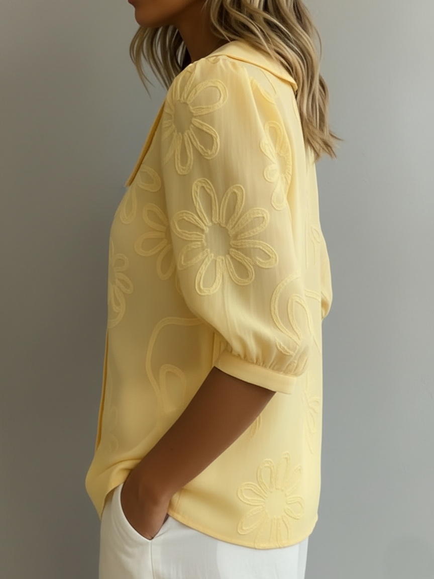 Women's Floral Embroidered Blouse with Pointed Collar