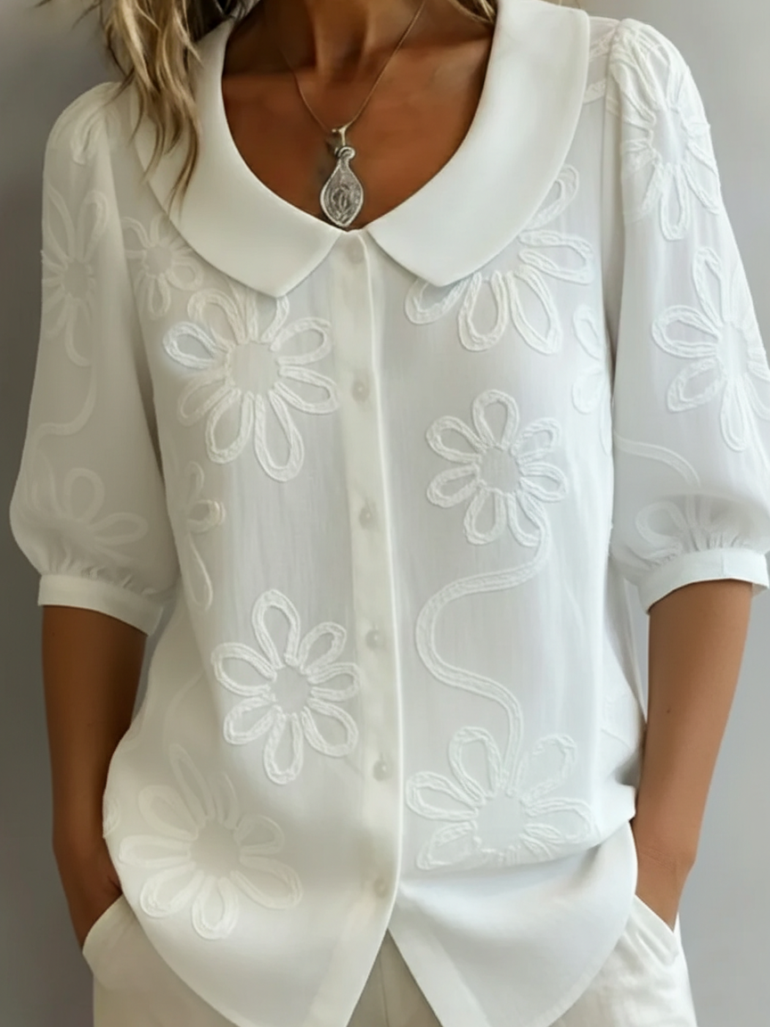 Women's Floral Embroidered Blouse with Pointed Collar