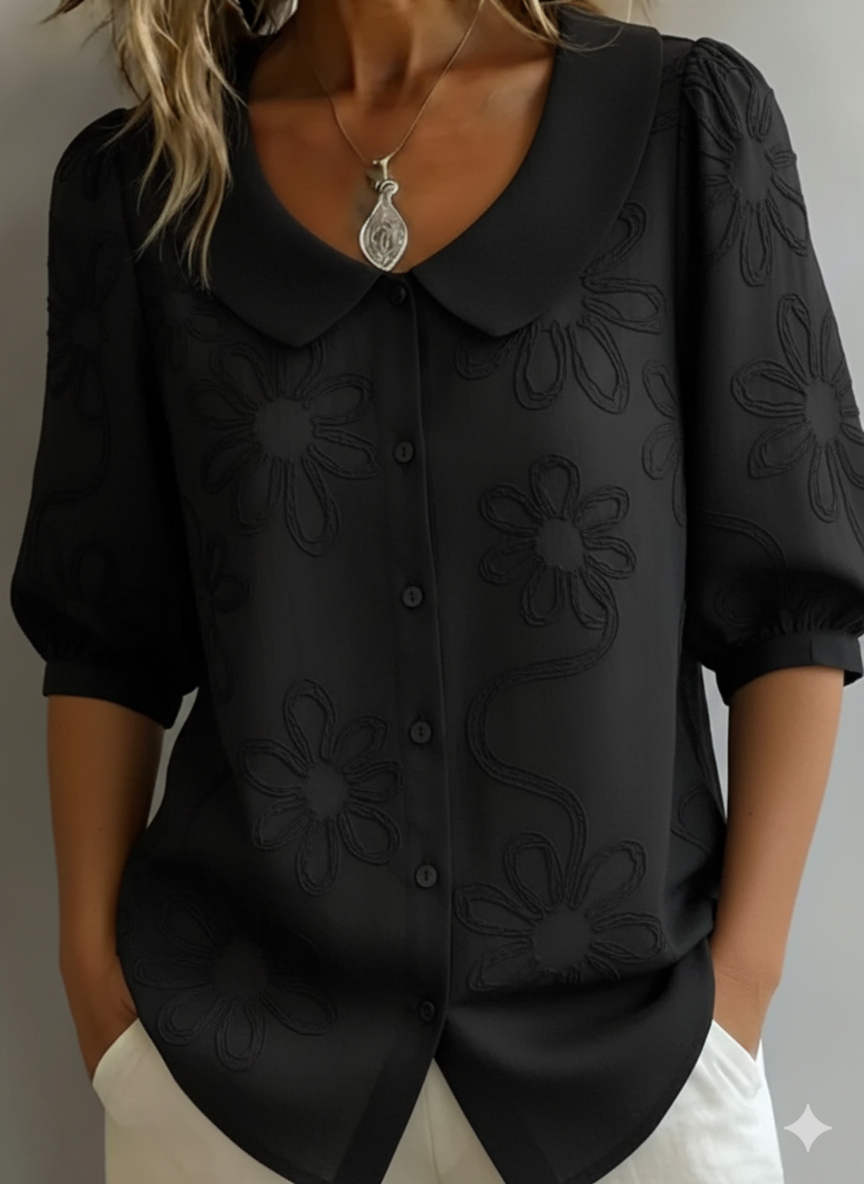 Women's Floral Embroidered Blouse with Pointed Collar