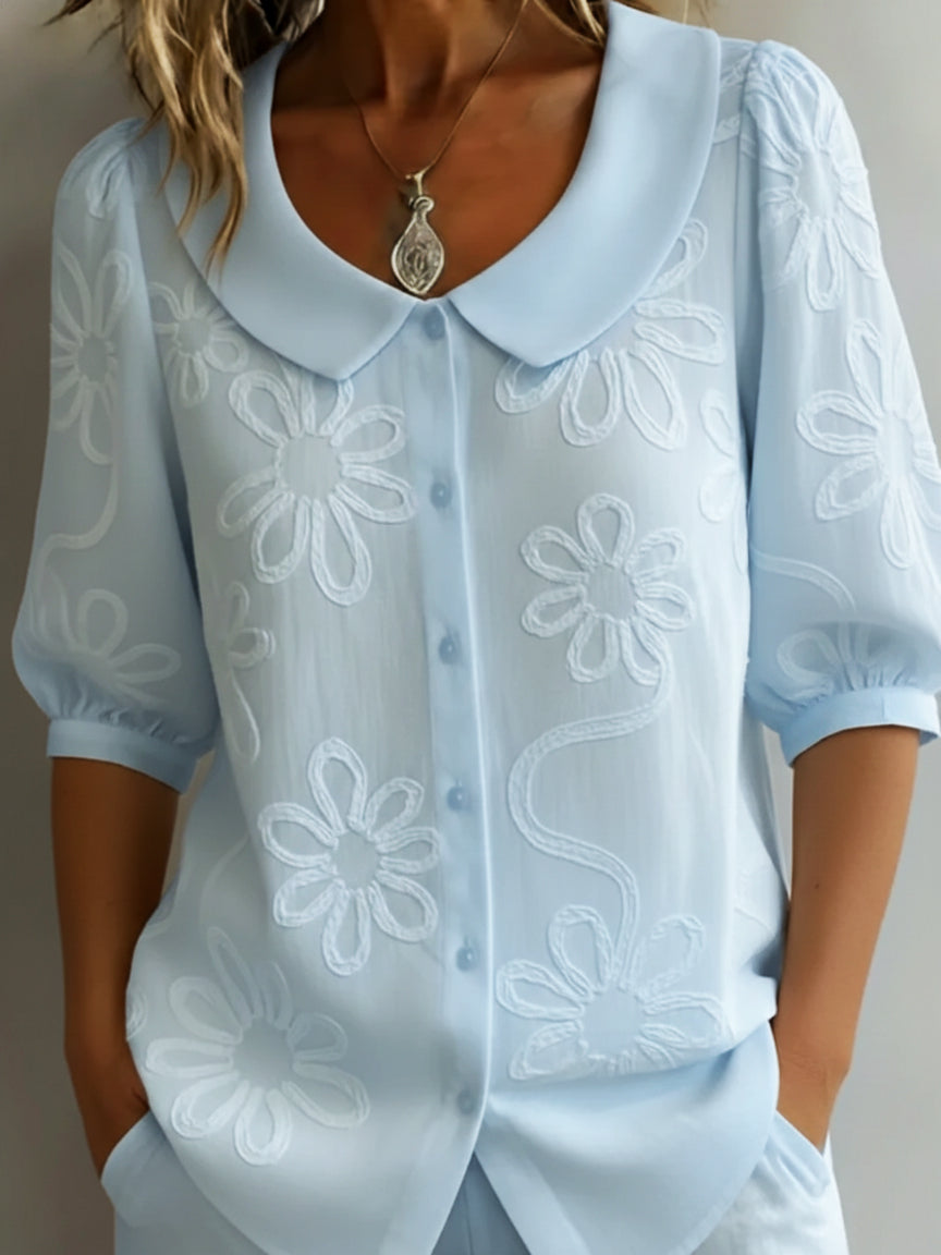Women's Floral Embroidered Blouse with Pointed Collar