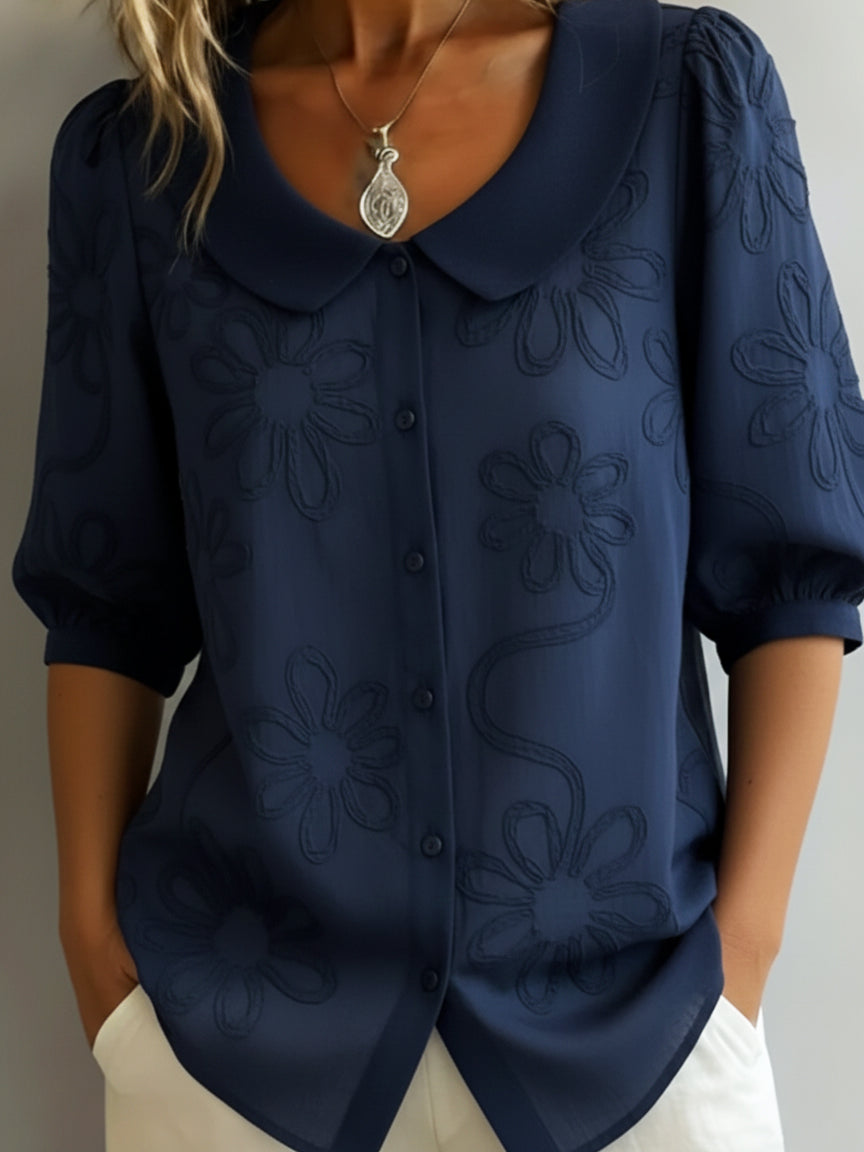 Women's Floral Embroidered Blouse with Pointed Collar
