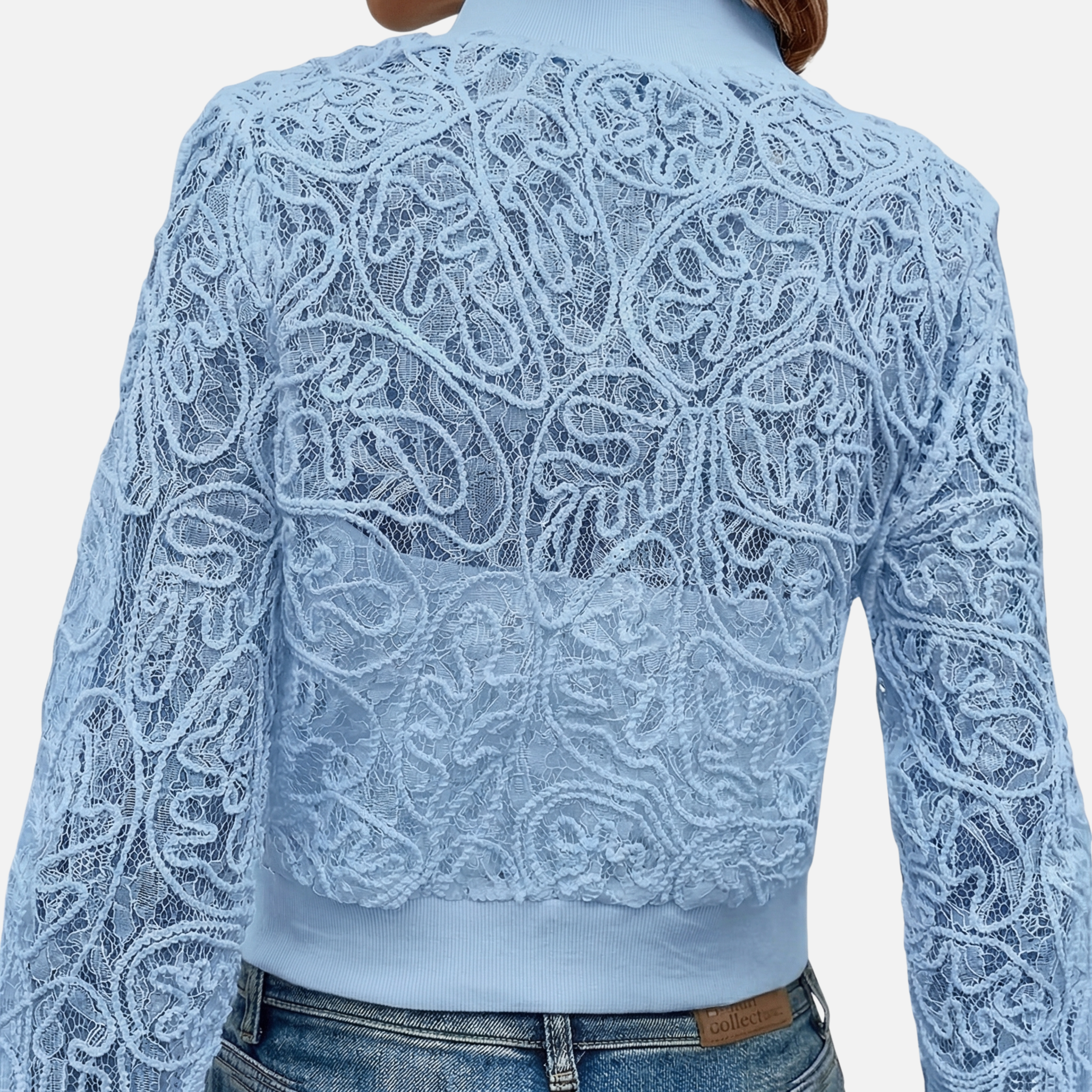 Women's Cropped Lace Jacket with Ribbed Trim and Zip Front