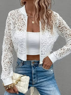 Women's Cropped Lace Jacket with Ribbed Trim and Zip Front