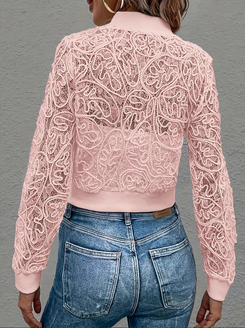 Women's Cropped Lace Jacket with Ribbed Trim and Zip Front