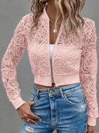 Women's Cropped Lace Jacket with Ribbed Trim and Zip Front
