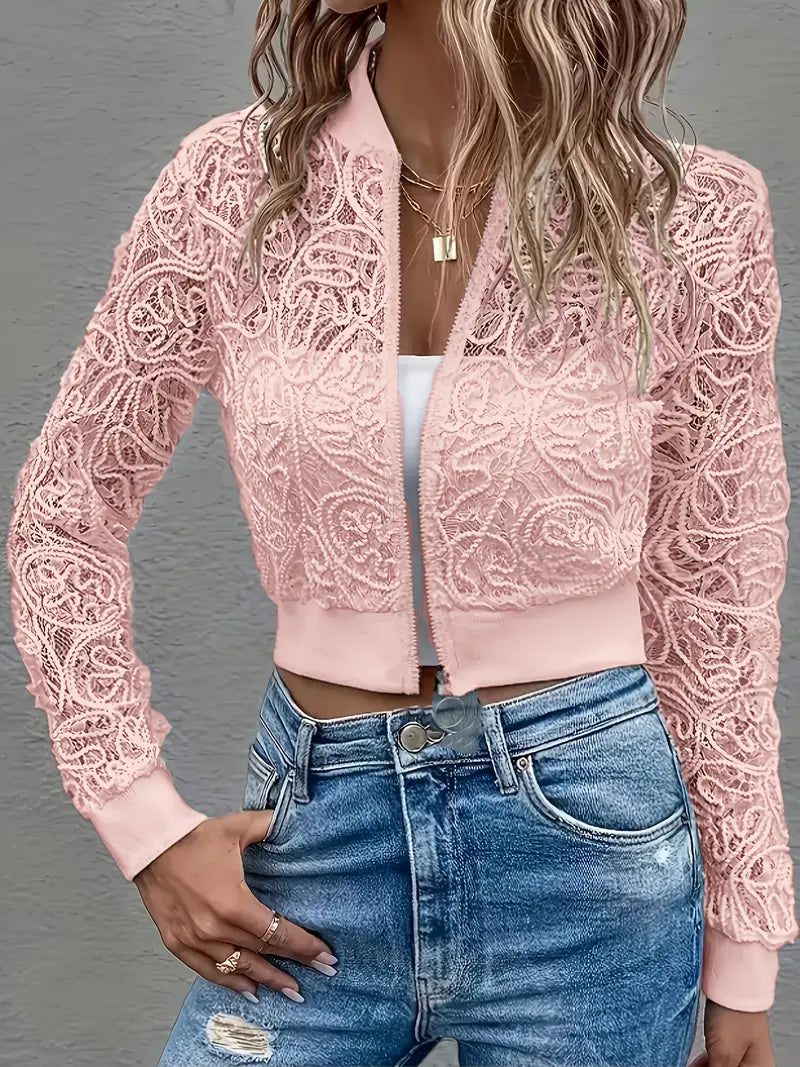 Women's Cropped Lace Jacket with Ribbed Trim and Zip Front