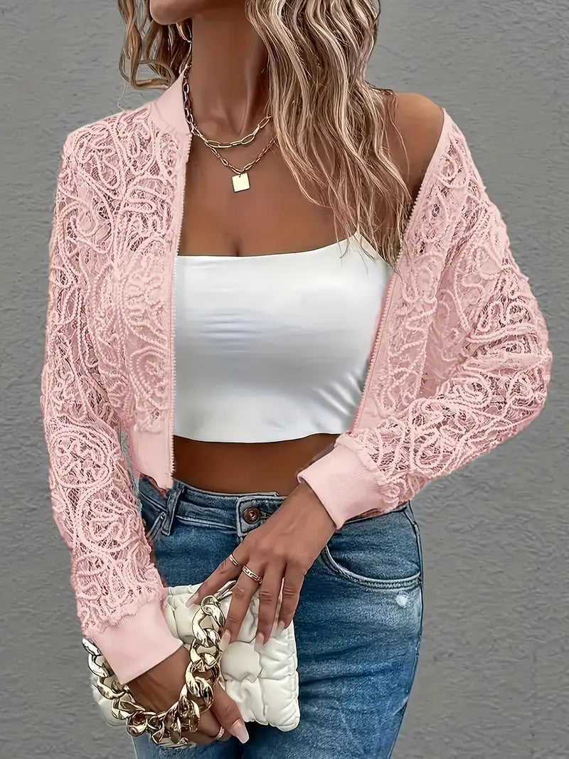 Women's Cropped Lace Jacket with Ribbed Trim and Zip Front