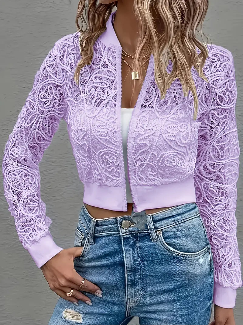 Women's Cropped Lace Jacket with Ribbed Trim and Zip Front
