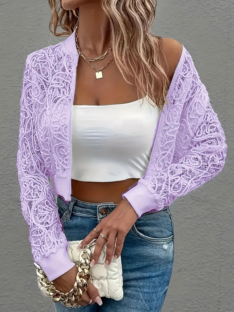Women's Cropped Lace Jacket with Ribbed Trim and Zip Front