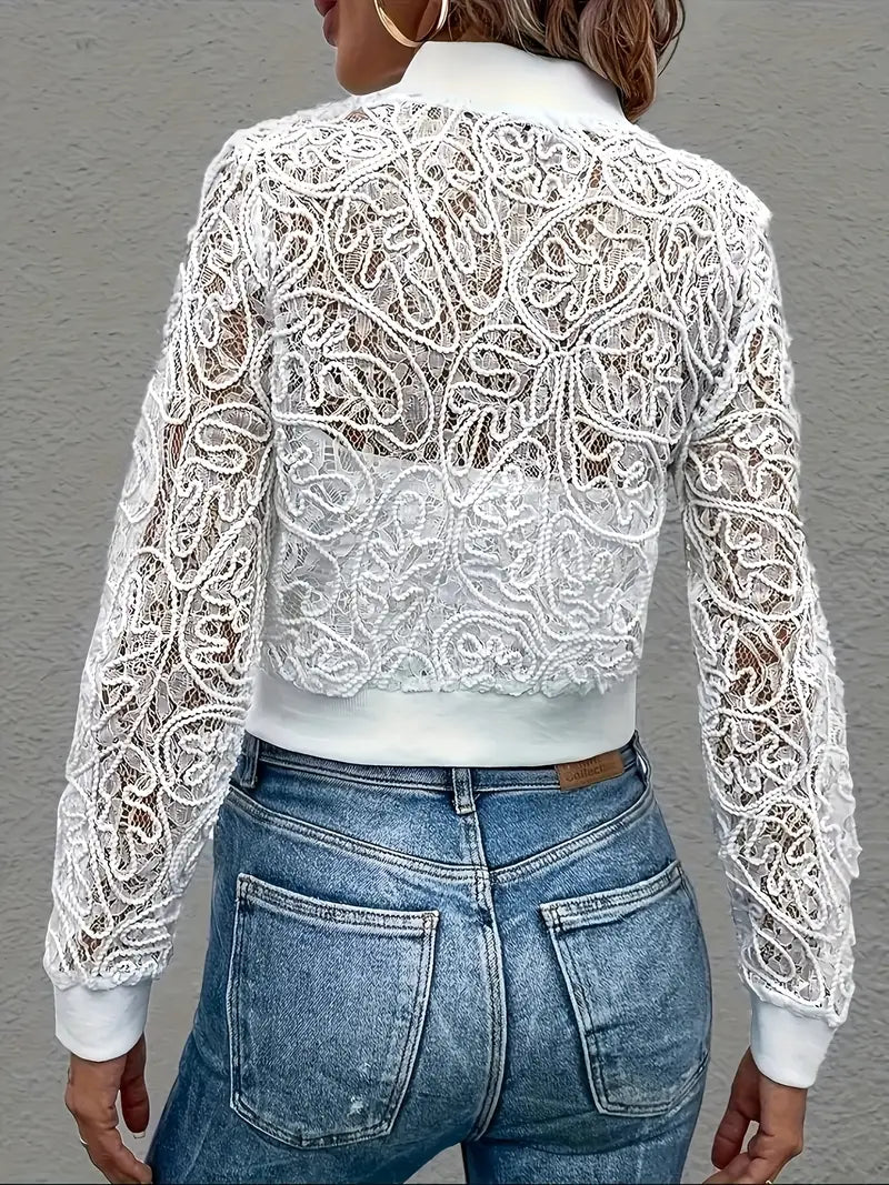 Women's Cropped Lace Jacket with Ribbed Trim and Zip Front