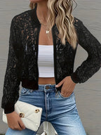 Women's Cropped Lace Jacket with Ribbed Trim and Zip Front