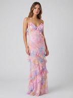 Women's Flowing Satin Floral Jacquard Maxi Dress with V-Neck
