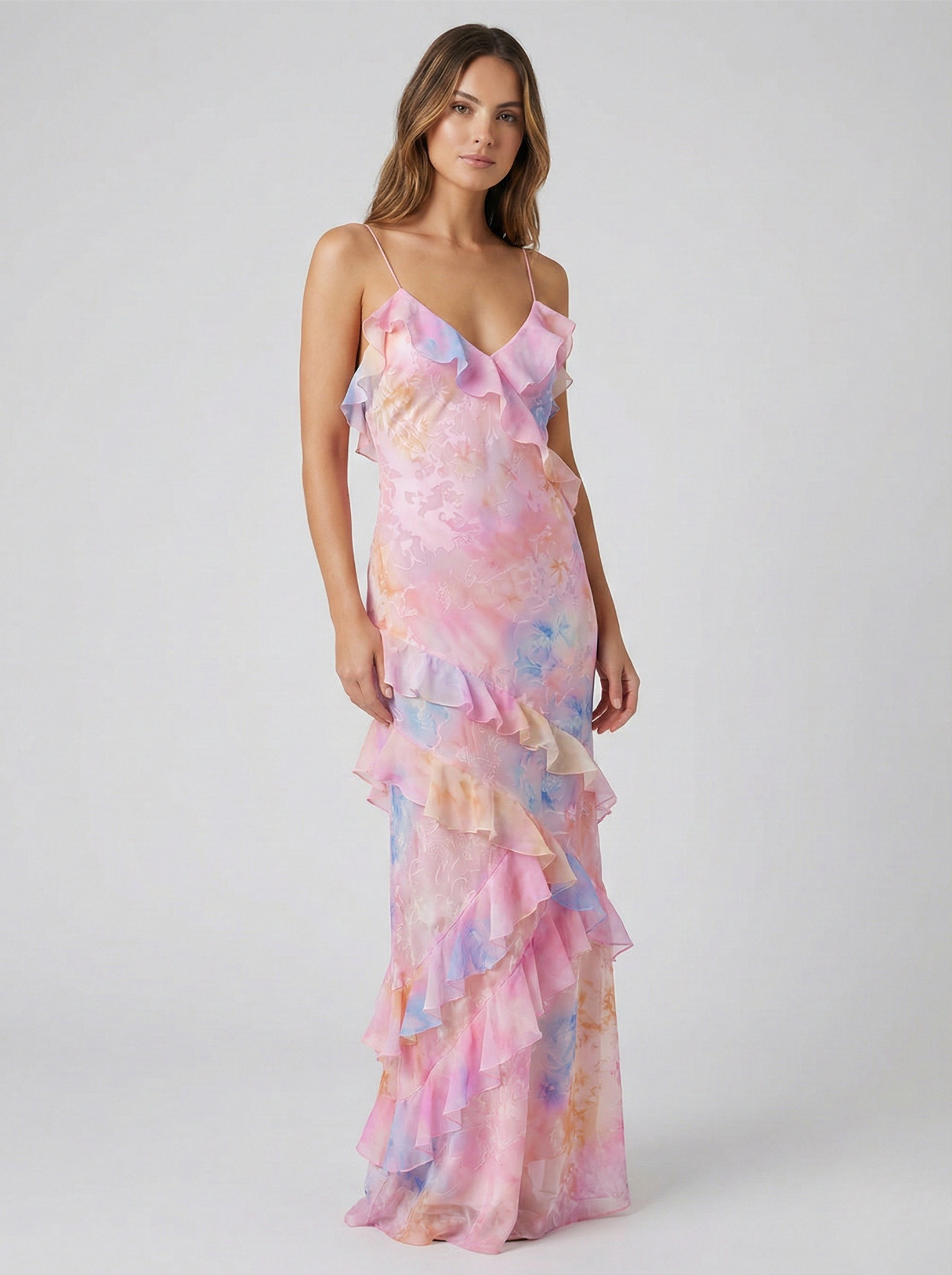 Women's Flowing Satin Floral Jacquard Maxi Dress with V-Neck