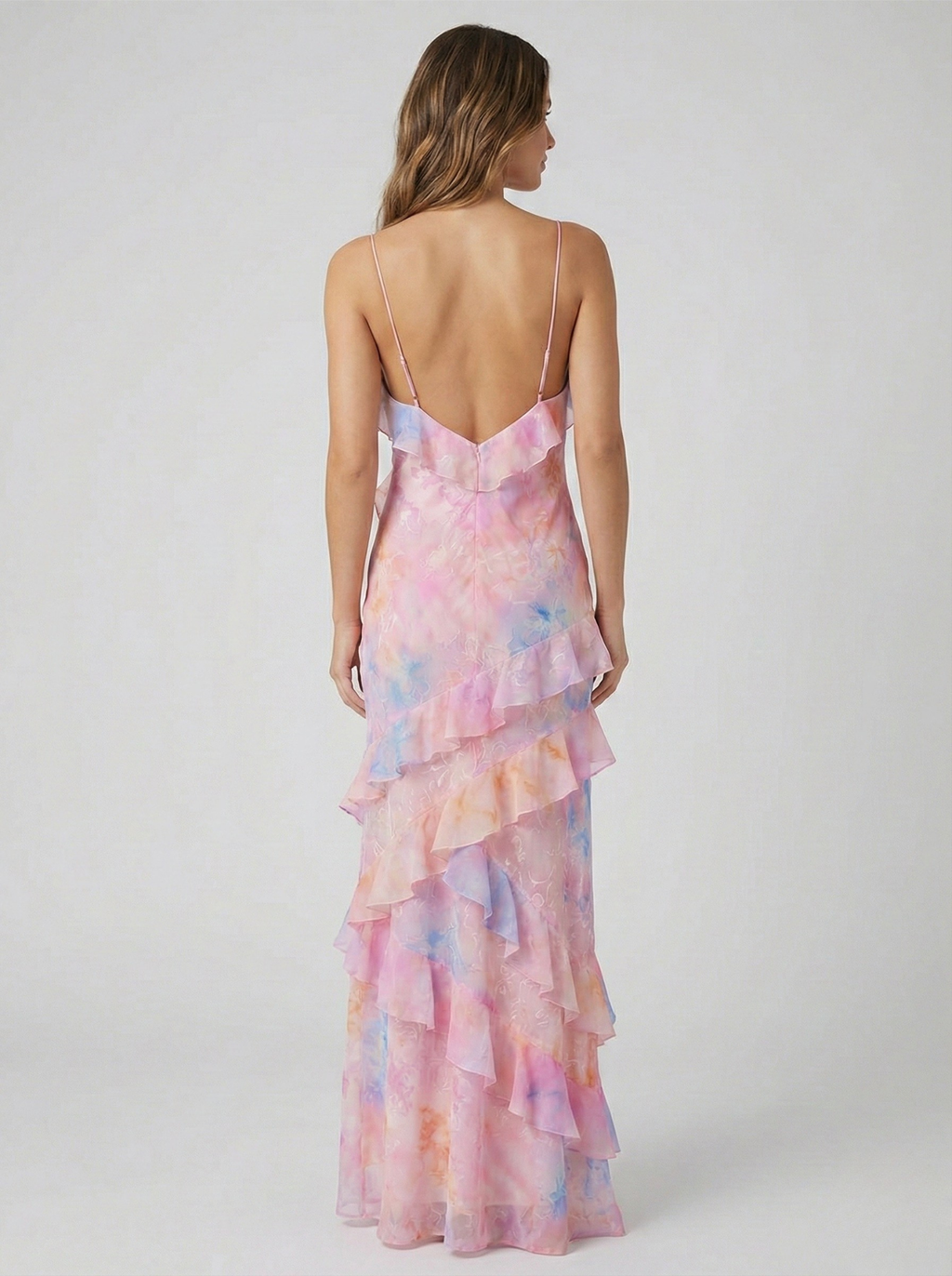 Women's Flowing Satin Floral Jacquard Maxi Dress with V-Neck